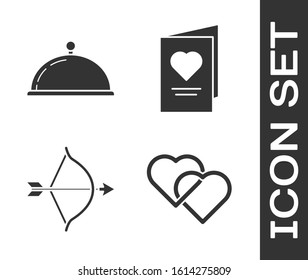 Set Two Linked Hearts, Covered with a tray of food, Bow and arrow and Valentines day party flyer with heart icon. Vector