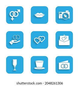 Set Two Linked Hearts, Cylinder hat, Greeting card, Glass of champagne, Wedding rings, Photo camera and Gender icon. Vector