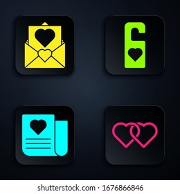 Set Two Linked Hearts, Envelope with Valentine heart, Envelope with Valentine heart and Please do not disturb with heart. Black square button. Vector