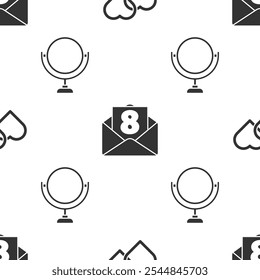 Set Two Linked Hearts, Envelope with 8 March and Round makeup mirror on seamless pattern. Vector