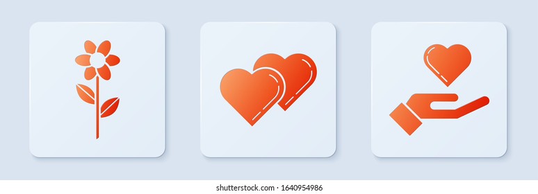 Set Two Linked Hearts, Flower and Heart on hand. White square button. Vector