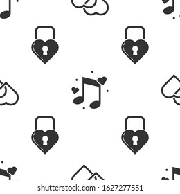 Set Two Linked Hearts, Music note, tone with hearts and Castle in the shape of a heart on seamless pattern. Vector