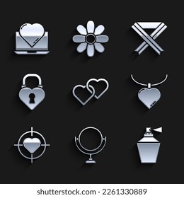 Set Two Linked Hearts, Round makeup mirror, Perfume, Necklace with heart shaped pendant, the center of target aim, Castle, Breast cancer awareness ribbon and Online dating app and chat icon. Vector