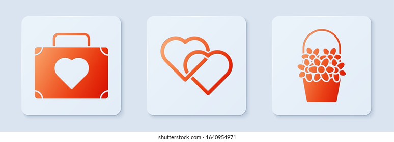 Set Two Linked Hearts, Suitcase for travel with heart and Flowers in a basket. White square button. Vector