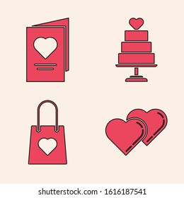 Set Two Linked Hearts, Valentines day party flyer with heart, Wedding cake with heart and Shopping bag with heart icon. Vector