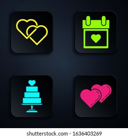 Set Two Linked Hearts, Two Linked Hearts, Wedding cake with heart and Calendar with heart. Black square button. Vector