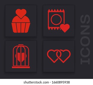 Set Two Linked Hearts, Wedding cake with heart, Condom in package and Heart in the bird cage icon. Vector