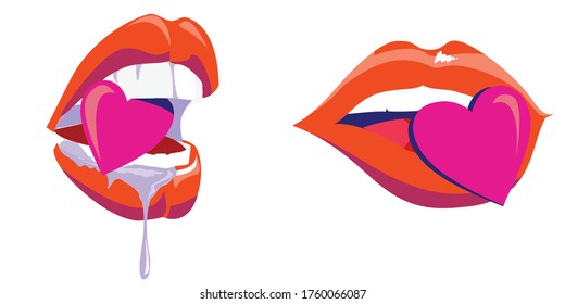 Set of two lips biting a pink heart isolated on white