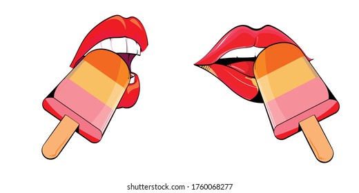Set of two lips tasted ice cream on stick isolated on white