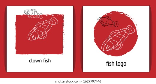 Set Of Two Logos With Linear Fish On A Red Abstract Background. Maroon Circle And Square. Clown Fish