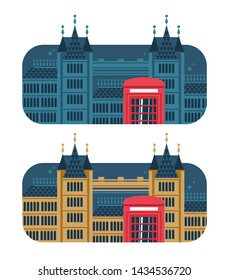 Set of two london cityscape illustrations. London landmarks, bridge, red telephone box.