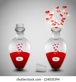 A set of two love potion bottles for valentines.