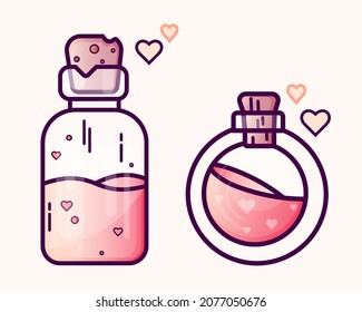 Conjunto de dos iconos de botellas de poción de amor. Logo del día de San Valentín con ilustración de corazones. Diseño de líquido de amor rosa