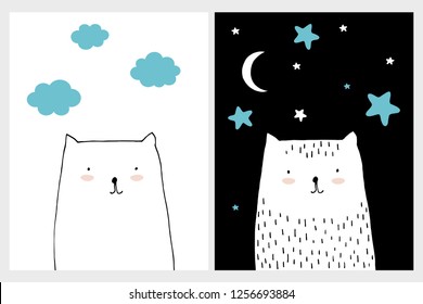 Set of Two Lovely Nursery Vector Arts. White Abstract Hand Drawn Cats. White and Black Background. White Moon and Stars on a Black. Blue Clouds on a White. Simple Infantile Style Design. 