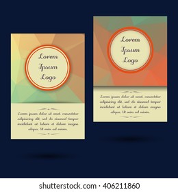 Set of two  low poly universal card template designs, perfect for brochure covers, leaflets, flyers, cards and invitations. Green, eco.  Polygonal event announcement flyer, card.