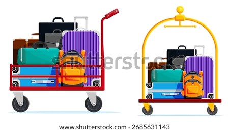 Set of two luggage carts full of bags. Travel concept for holiday or business trip. Vacation and airport transport.