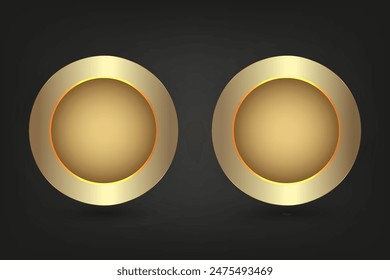 Set of two luxurious and shiny metal golden circle buttons against a black background, creating a striking contrast vector, illustration design