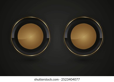 Conjunto de dos Botones redondos Luxury Black con Ilustración vectorial de marco dorado. Diseño elegante brillante 3D para la etiqueta vacía, emblema, medalla o insignia, luz brillante y degradada