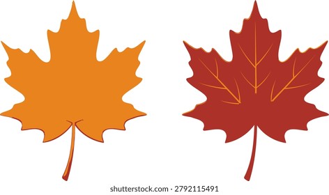 A set of two maple leaves, one orange and one red, isolated on white background. Perfect for autumn, fall season, and nature-themed designs.