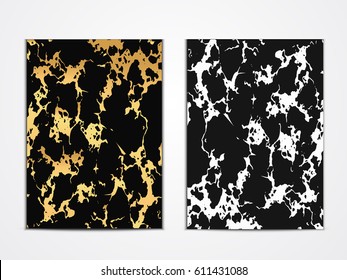 Set of Two Marble Textures - Gold and White on Black. Trendy Vector Backgrounds for Covers, Posters, etc