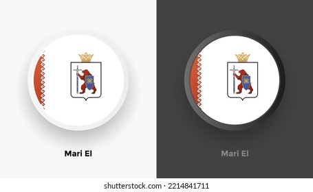 Set of two Mari El flag buttons in black and white background. Abstract shiny metallic rounded buttons with national country flag