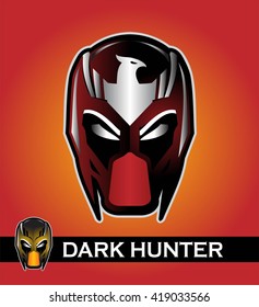 a set of two mask. superhero head with the eagle icon at the forehead . Superhero head in shiny color. Alien. Predator. Artwork. Vector illustration. Superhero head illustration compose with text.