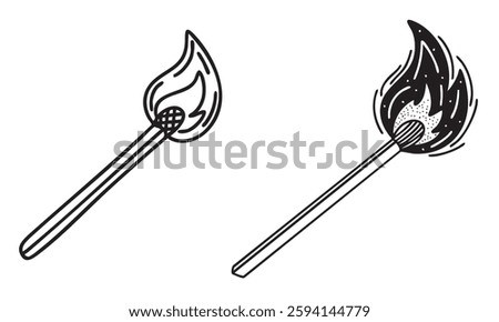 Set of two match with flame in doodle style. Hand drawn vector art.