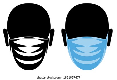 A set of two medical masks and head. Color and monochrome vector illustration.