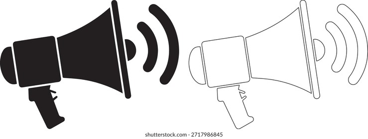 Un conjunto de dos iconos de megáfono, uno en negro sólido con ondas de sonido y el otro en un estilo de línea de puntos, ambos sobre un fondo blanco puro.