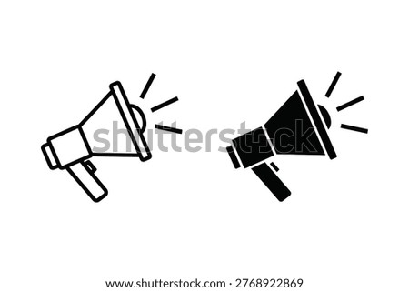 A set of two megaphone icons, one in outline and one in solid black, symbolizing announcements, promotion, or alerts. Ideal for marketing, communication, and information design.