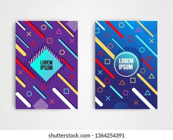 Set of two memphis style covers with geometric pattern. Applicable for banner, flyer, cover, poster.