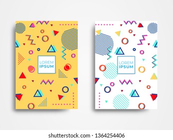 Set of two memphis style covers with geometric pattern. Applicable for banner, flyer, cover, poster.