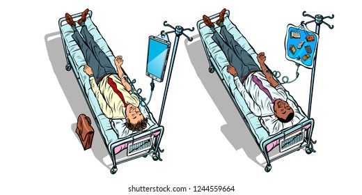 Set. Two men African and Caucasian. Knowledge and technology. Medical dropper. Pop art retro vector illustration vintage kitsch