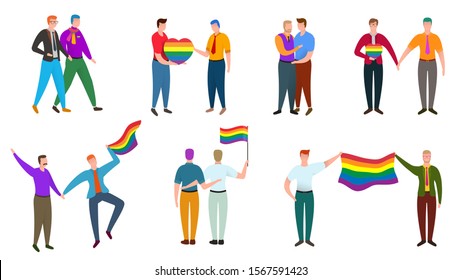 Set of two men in different situations. Gay couple isolated on white background. Nontraditional relationships between people. Lgbt concept vector illustration in cartoon flat style.