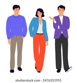  Set of two men and woman, different colors, cartoon character, group silhouettes of standing business people, students, design concept of flat icon, isolated on white background
