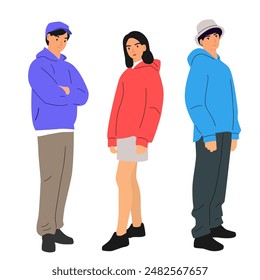 Set aus zwei Mann und Frau stehen, verschiedene Farben, Comic-Figur, Silhouetten stehende Menschen, Mode-Kapuzenpullover; Design-Konzept der flachen Ikone, Hand zeichnen Vektorillustration, isoliert auf Weiß 