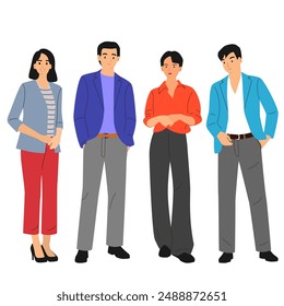 Set of two men and two women stand, couple, different colors, cartoon character, silhouettes standing  people, fashion model, design concept flat icon, hand draw vector illustration, isolated on white