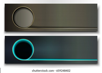 Set of two metal banners with a round hole and a place for text. Vector illustration.