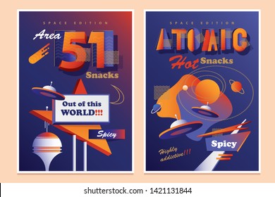 Set of two mid century modern retro Futurism flyer ad templates for snacks in vibrant contrasting colors with ufo flying saucers