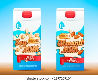 Set of two milk carton packages with different labels .Fresh and natural soy and almond milk for your brand,logo, template,  emblem for packing, advertise. Vector illustration.