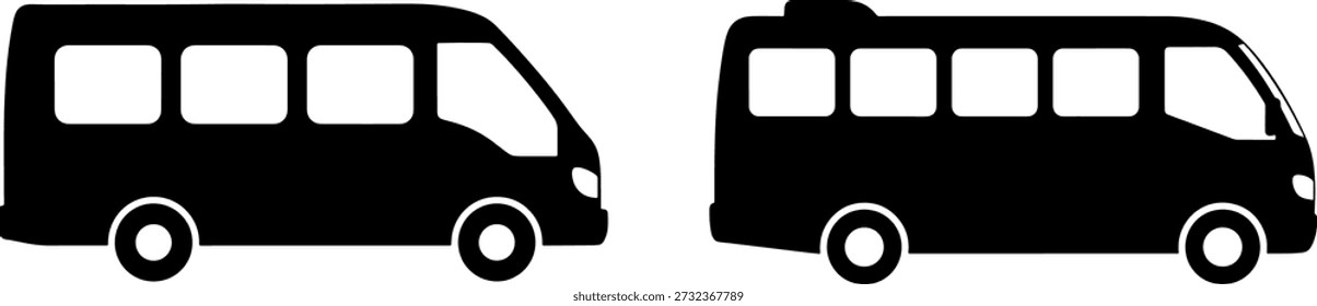 Set of Two Minibus Silhouettes featuring Passenger Van Side View Profiles for Public Transport Urban Commuting and Travel Logistics Design Projects