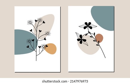 Conjunto de dos líneas minimalistas de arte florido arte de pared con formas orgánicas. La decoración de las paredes bohemias o bohemias. Flores estéticas decoraciones de pared, afiche, papel pintado, fondo, medios sociales e invitación.