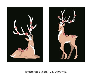 Set of two minimal posters with magical deers with flowers on a dark background. Flat color style, design for wallpaper, wall decor, card, print, cover. vector illustration. Hand drawn abstract art.