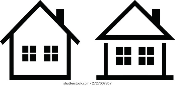 A set of two minimalist, black and white vector icons representing houses. Each house features a pitched roof, two windows with multiple panes, and one has a chimney. 