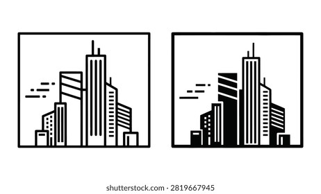 A set of two minimalist city skyline icons featuring modern skyscraper buildings in both outline and solid black style.