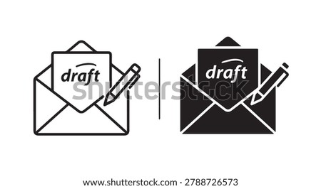 A set of two minimalist icons featuring an open envelope with a document labeled draft and a pen, representing email composition.