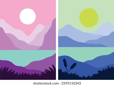 Set of two minimalist landscape illustrations with mountains, water, and plants. One features a pink sunset, and the other a green daytime scene. perfect for nature and outdoor designs.