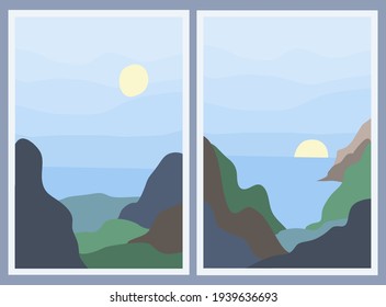 Conjunto de dos paisajes minimalistas. Resumen de montañas y mar. fondo elegante. Atardecer y amanecer. El concepto de viajes, recreación y turismo. La hermosa naturaleza durante el día. Vector 