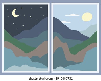 Set of two minimalist landscapes. Abstract mountains. stylish background. Change of day and night, moon and sun in the sky. Concept of travel, leisure and tourism. Beautiful nature. Vector