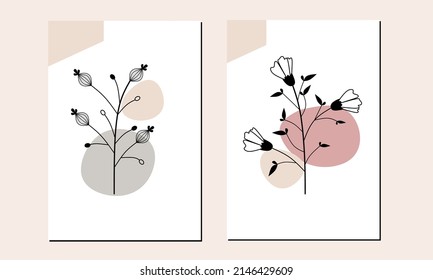 Conjunto de dos líneas minimalistas de arte floral arte con formas orgánicas. Decoración de flores estéticas en las paredes. Decoración escandinava en las paredes, afiche, fondo, papel pintado y paredes impresas.